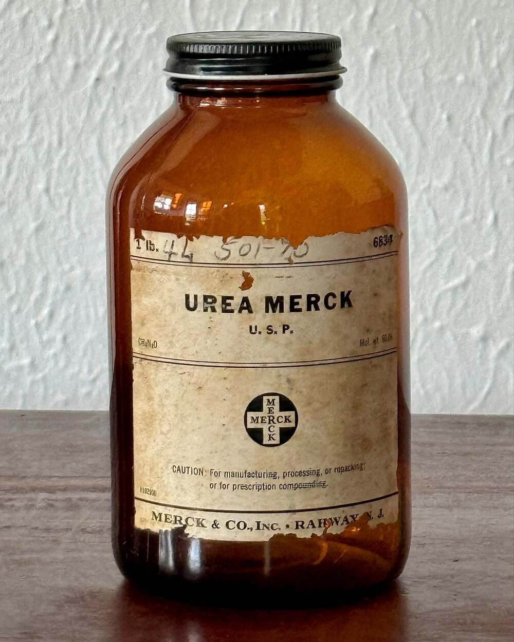 Merck Urea Empty Apothecary Bottle, Amber Glass Pharmacy Jar, Metal Cap